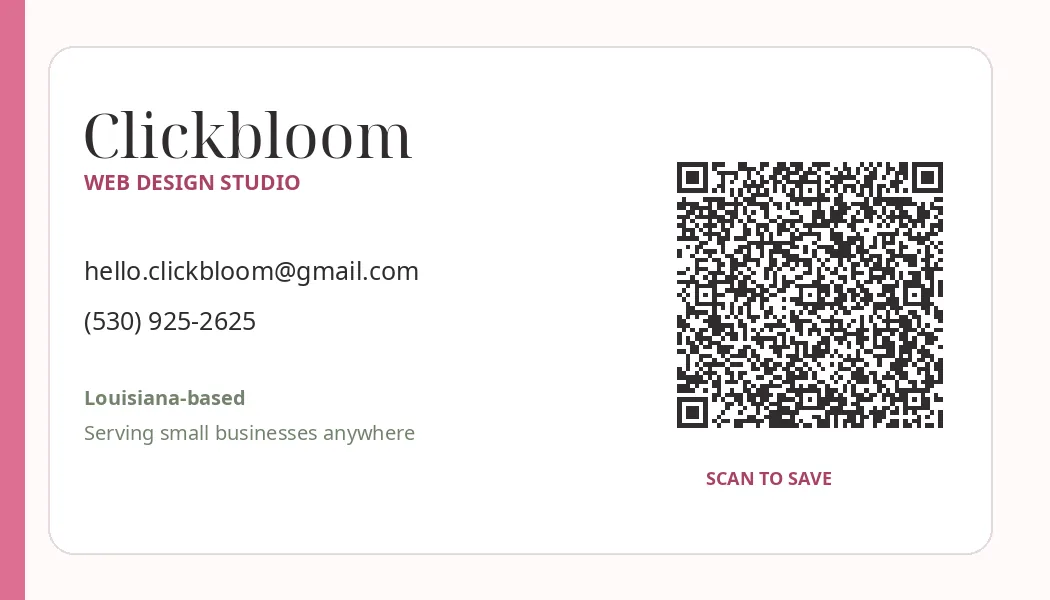Back of the Clickbloom business card with email, phone number, and contact QR code