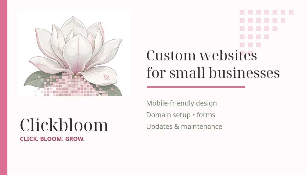 Front of the Clickbloom business card with magnolia artwork and web design services