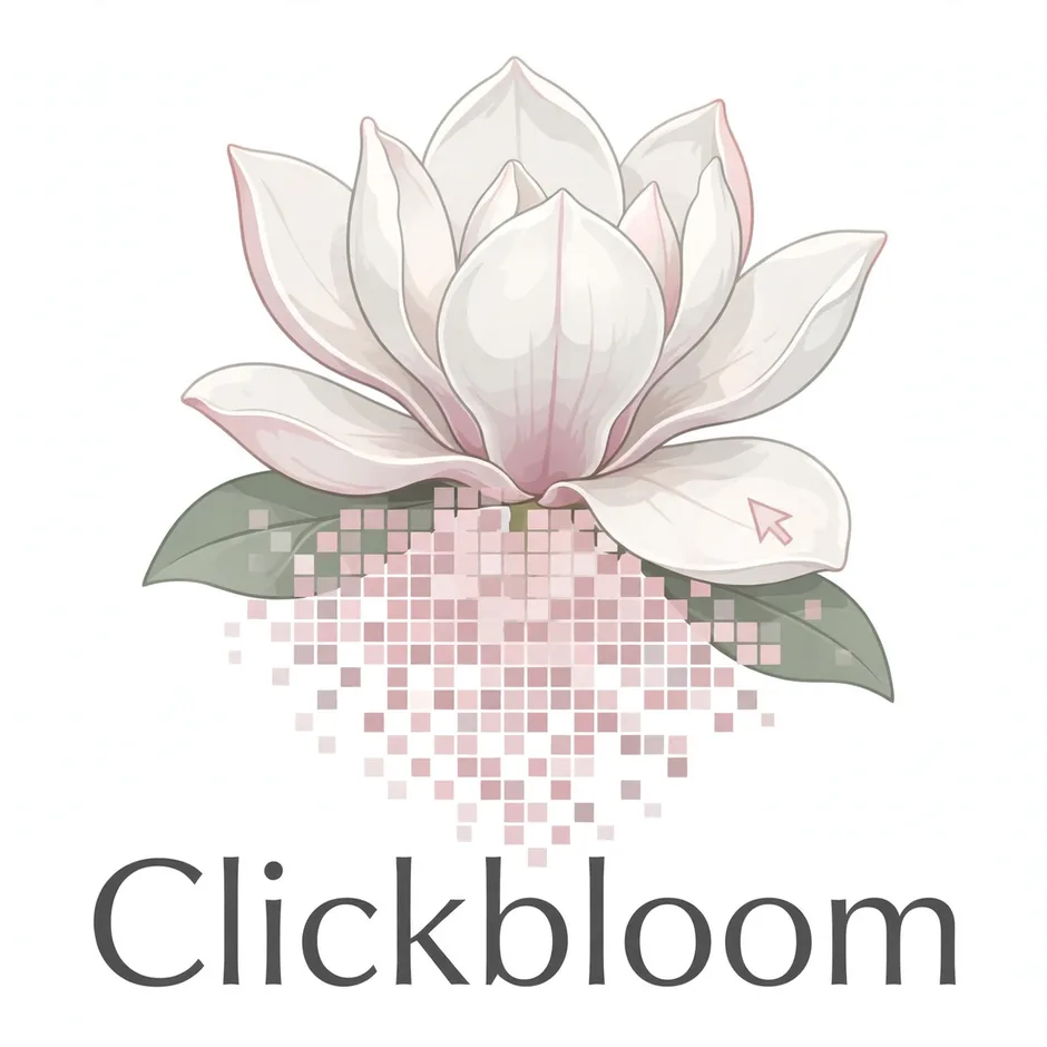 Clickbloom magnolia logo with soft pink pixel petals and a cursor detail