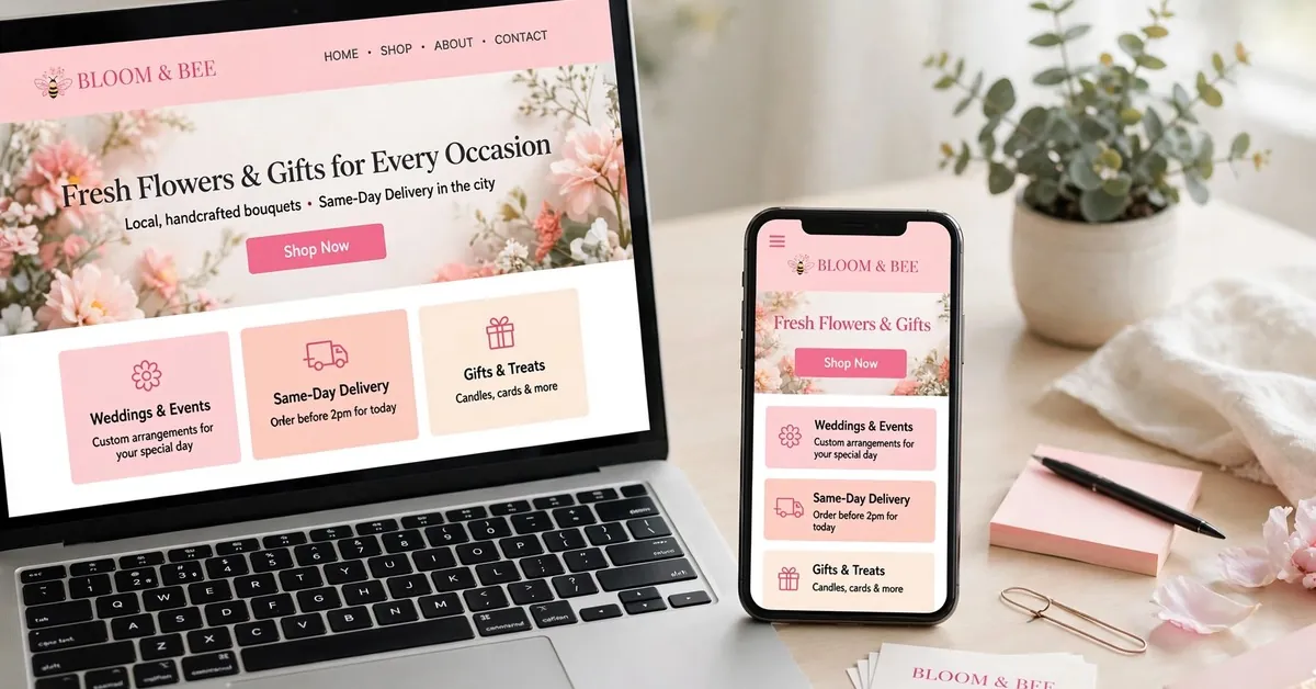 A coordinated floral business website displayed on a laptop and phone